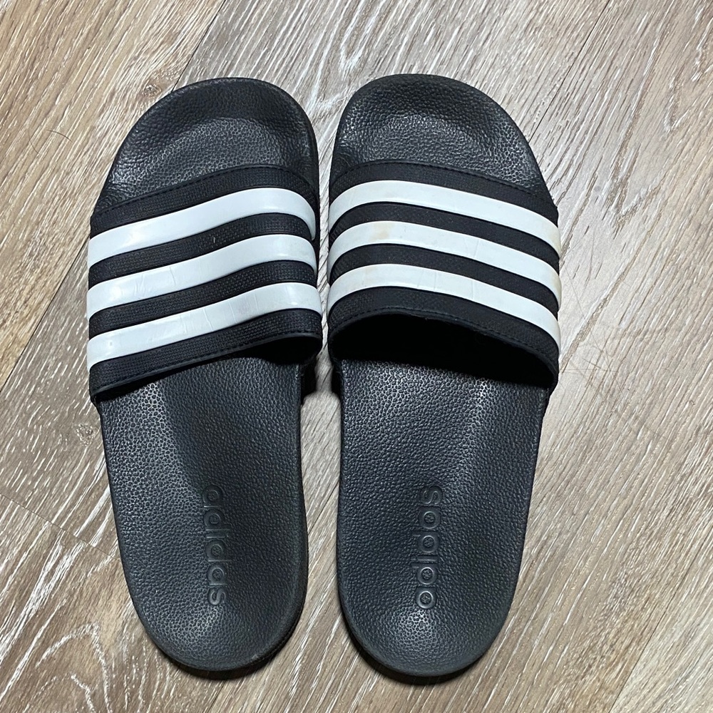 Adidas Black Slides with White Stripes